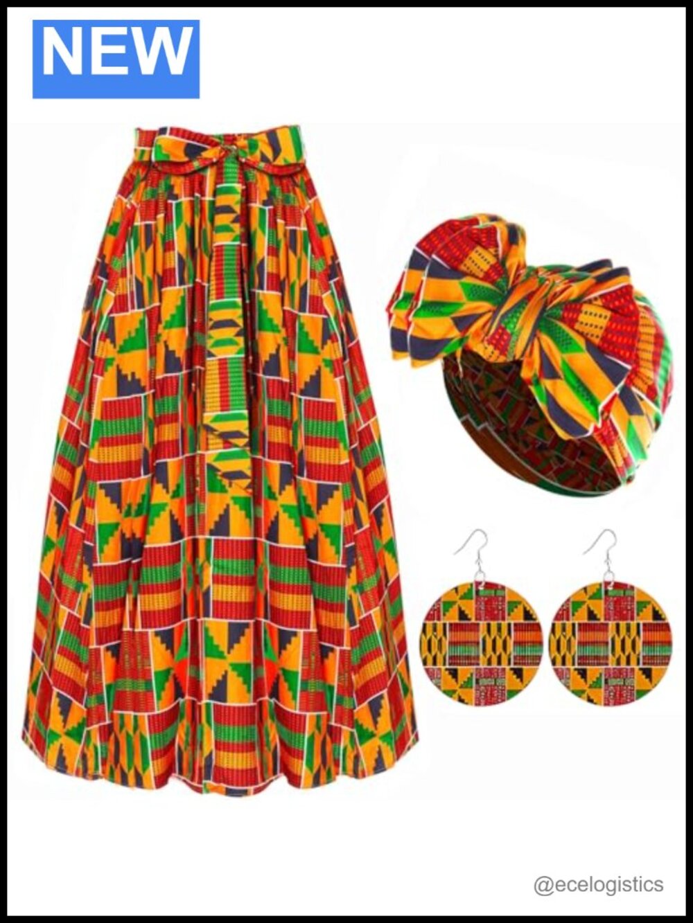 African Print Maxi Skirt with Pockets & Head Wrap Set
